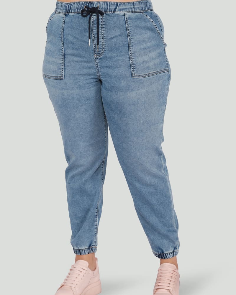 Front of a model wearing a size 0X Bailey High Rise Jogger in Light Wash by DEX PLUS. | dia_product_style_image_id:268393